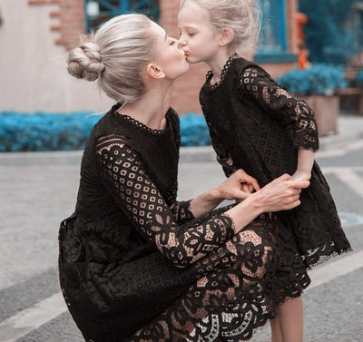 MM04 Half sleeve Lace Mother & Daughter Dresses (White/Black)