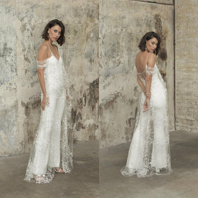 PD34 : Spaghetti Straps Wedding Jumpsuit with lace Jacket
