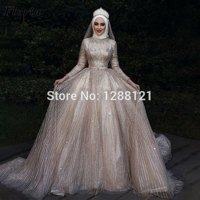 HW41 Hight grade Sparkle Muslim long sleeve sequins Wedding Gown