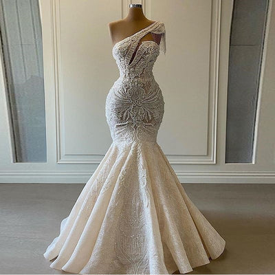 CW615 One Shoulder tassel beaded Mermaid Bridal Dresses