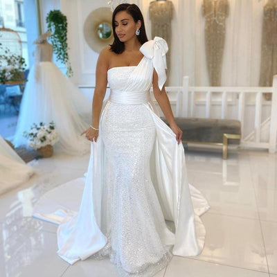 CW583 One Shoulder sequin mermaid Wedding dress with satin overskirt