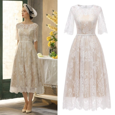 SS124 Real Photo Lace Vintage Champagne Tea Length Bridal Gown