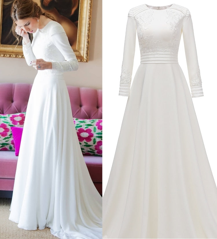 Glamorous Long White Long Sleeves Satin Crystal Wedding Dress With Det –