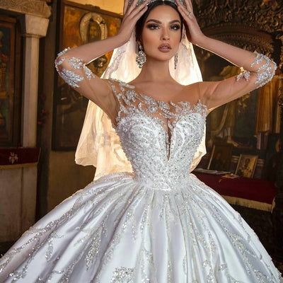 HW424 Half Sleeve sequin Satin Bridal Gowns