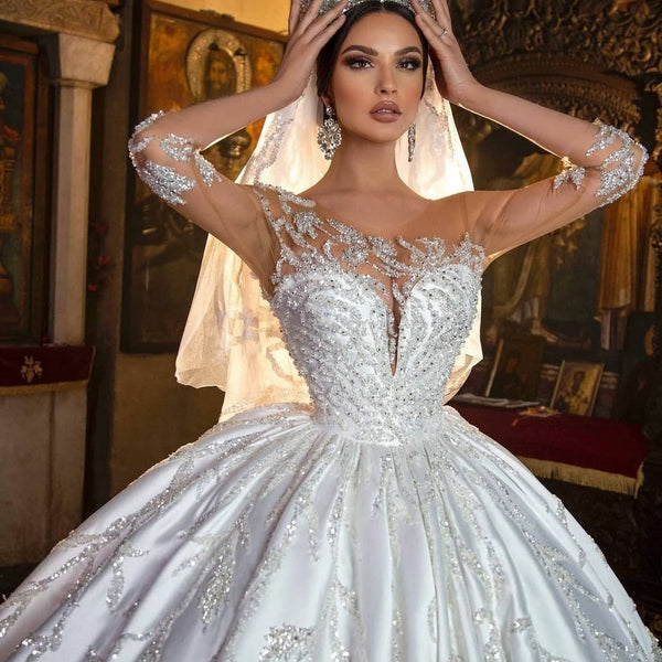 HW424 Half Sleeve sequin Satin Bridal Gowns - Nirvanafourteen