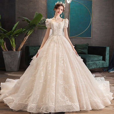 HW405 Short sleeve beading pearls Bridal Gown