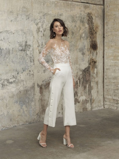 PD31 Lace long sleeves Tea Length Wedding Pantsuit