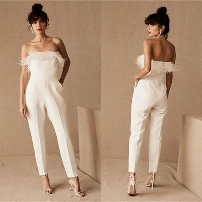 PD48 Strapless feathers ankle length Wedding Jumpsuit
