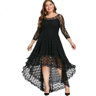 MX137 Summer Plus Size 3/4 sleeve High Low Lace Dress