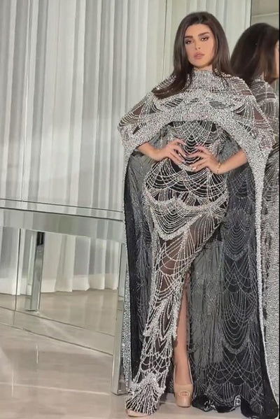 LG631 Luxury Champagne pearls beaded Evening Gowns with Cape