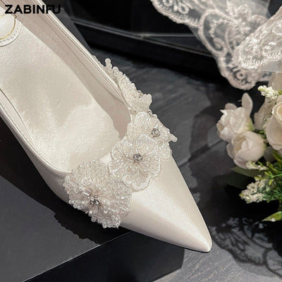 BS304 Embroidered Pearl Flowers Satin Bridal heels