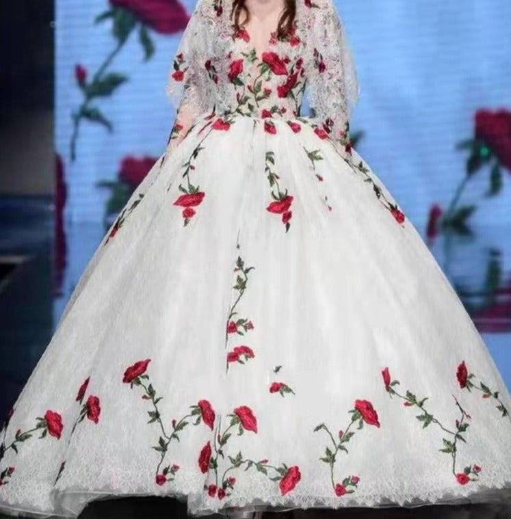 White wedding dress outlet with red flowers