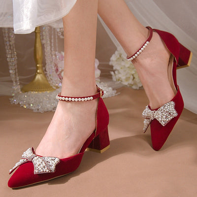 BS302 Bowtie Wedding Shoes ( Beige/Red)