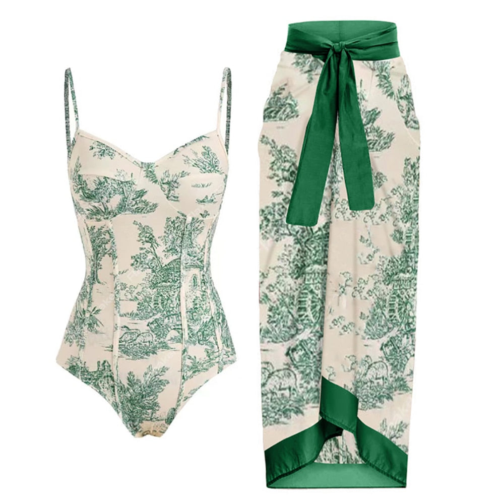 FULLFITALL - Green Prism Sarong Front One Piece Swimsuit