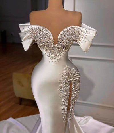 HW539 Off the Shoulder pearls beaded satin mermaid wedding dress