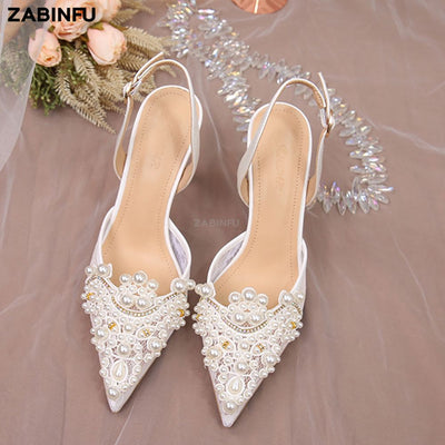 BS306 Pearl Lace Wedding Heels (White/Black)