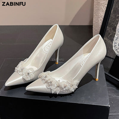 BS304 Embroidered Pearl Flowers Satin Bridal heels