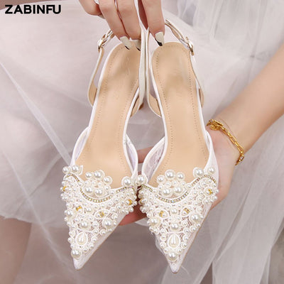 BS306 Pearl Lace Wedding Heels (White/Black)