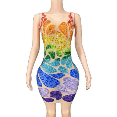 KP98 Real pictures Sparkly Multicolor Rhinestones Mesh Dress