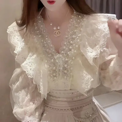TJ191 Ruffle Lace Korean Shirts ( white/Beige)