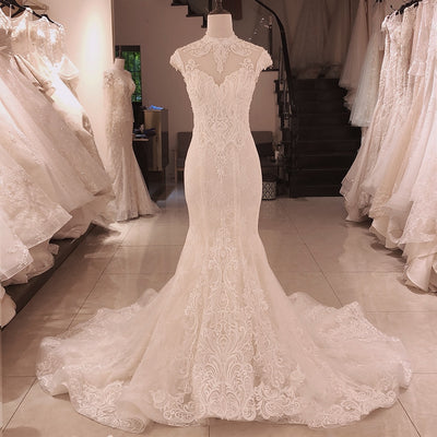 HW293 Real Pictures High Neck pearl beaded Mermaid Wedding Gown