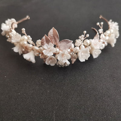 BJ431 Ceramic flower pearls Bridal Crowns ( 2 Colors )