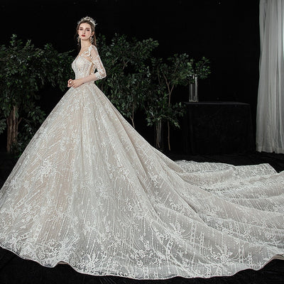 HW296 High-end White Long Sleeve Sequined Wedding Gown