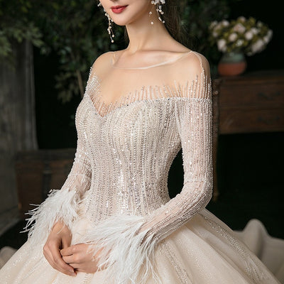 HW344 High-end long sleeve beading feather Bridal gown