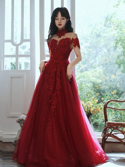 LG376 Luxury Burgundy High neck beading Evening Gowns