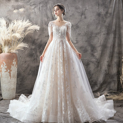 CW416 Short Sleeves Lace Up Back Ball Gown Wedding dress