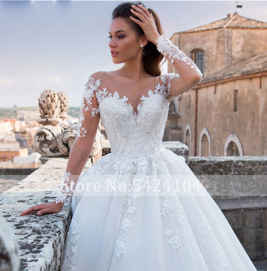 HW396 Luxury Appliques Long Sleeve Beaded A-Line Wedding Gown ...