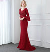 LG336 Real Photo Burgundy 3/4 flare sleeves pearls beaded Evening Gown