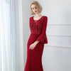 LG336 Real Photo Burgundy 3/4 flare sleeves pearls beaded Evening Gown