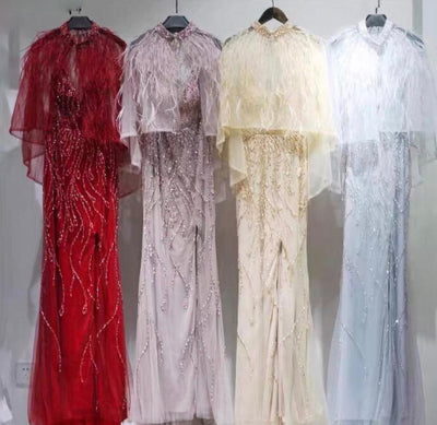 LG314 Glamorous beading Evening Gowns with feather cloak(4 Colors)