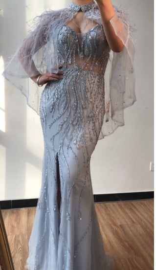 LG314 Glamorous beading Evening Gowns with feather cloak(4 Colors)
