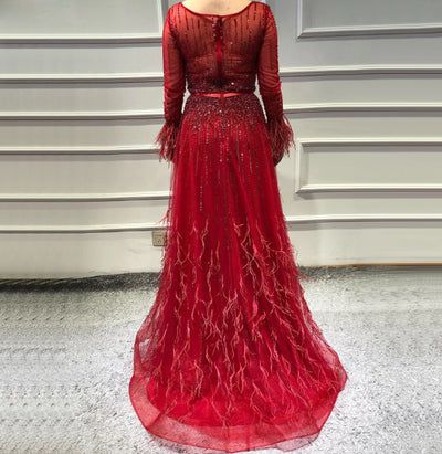 LG316 Long sleeves beading feather A-line Evening Gowns( 5 Colors)