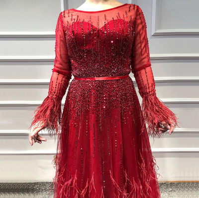LG316 Long sleeves beading feather A-line Evening Gowns( 5 Colors)