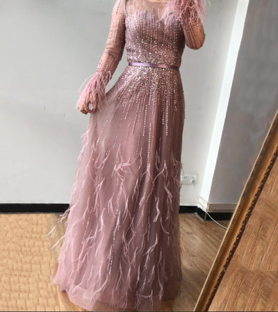 LG316 Long sleeves beading feather A-line Evening Gowns( 5 Colors)