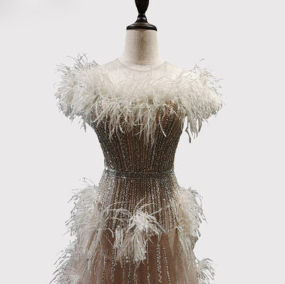 LG323 Real photo Couture nude beading feathers A-Line Evening Gown