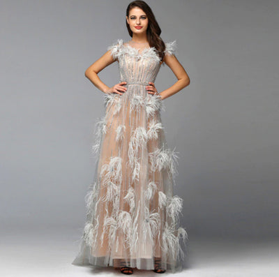 LG323 Real photo Couture nude beading feathers A-Line Evening Gown
