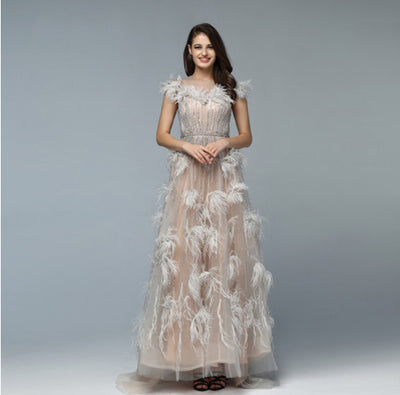 LG323 Real photo Couture nude beading feathers A-Line Evening Gown