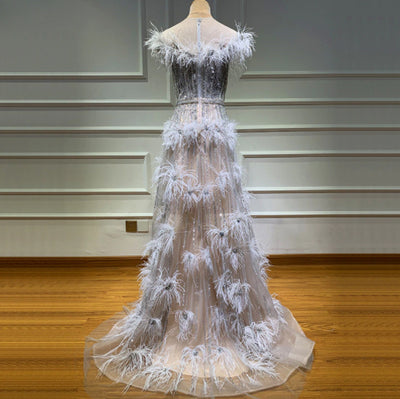 LG323 Real photo Couture nude beading feathers A-Line Evening Gown