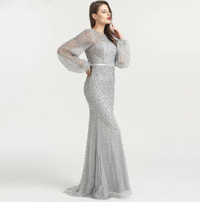 LG153 Long Sleeve full pearls Beaded Evening Gowns ( 6 Colors )