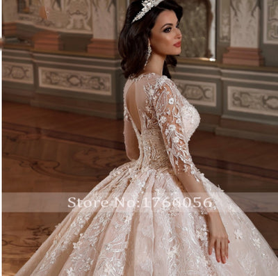 HW256 Luxury Long Sleeves Flowers Lace Ball Gown Wedding Dresses