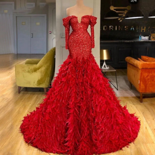 LG326 Haute Couture red sequin feathers mermaid Evening Gown ...
