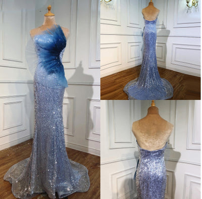 LG351 Real Photo Strapless Grey-blue sequin mermaid Formal Gown