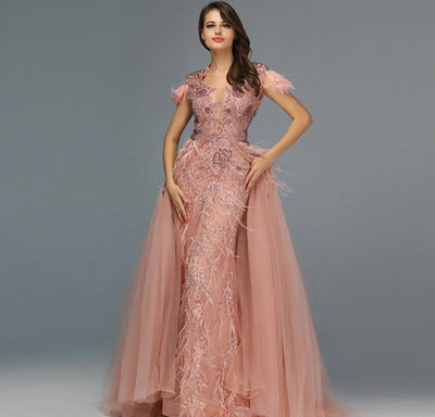 LG169 Luxury tulle feathers Evening Gown (Grey/Pink)