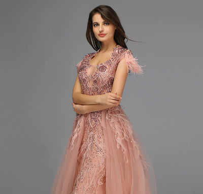 LG169 Luxury tulle feathers Evening Gown (Grey/Pink)