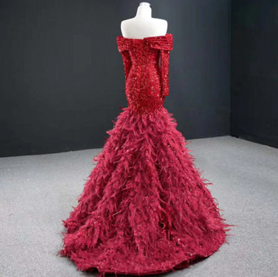 LG326 Haute Couture red sequin feathers mermaid Evening Gown