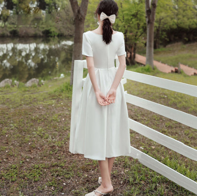 SS105 Simple Satin Tea-Length Bridal Dress